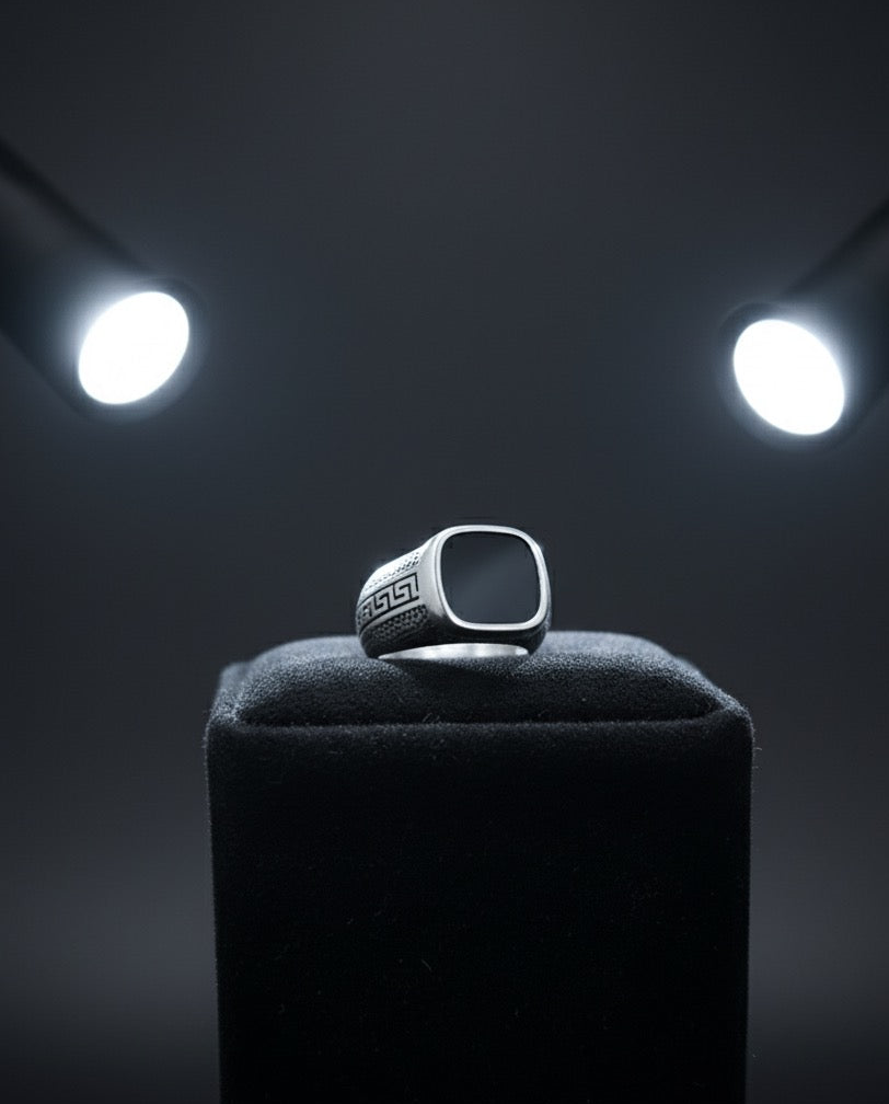 Black Onyx Signet Ring with Greek Key Design