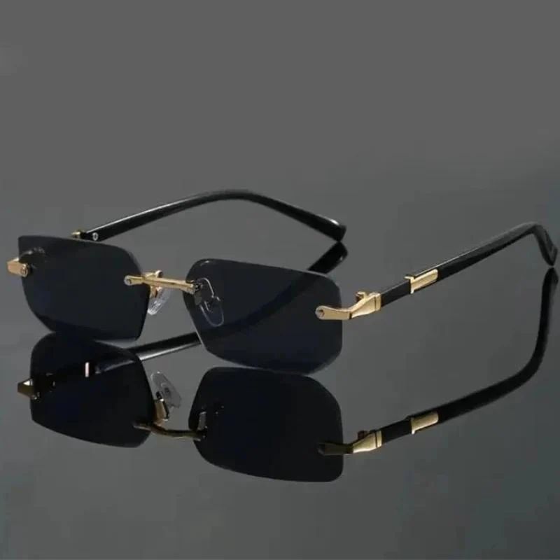 Rimless Rectangular Sunglasses with Black Temples and Gold Accents