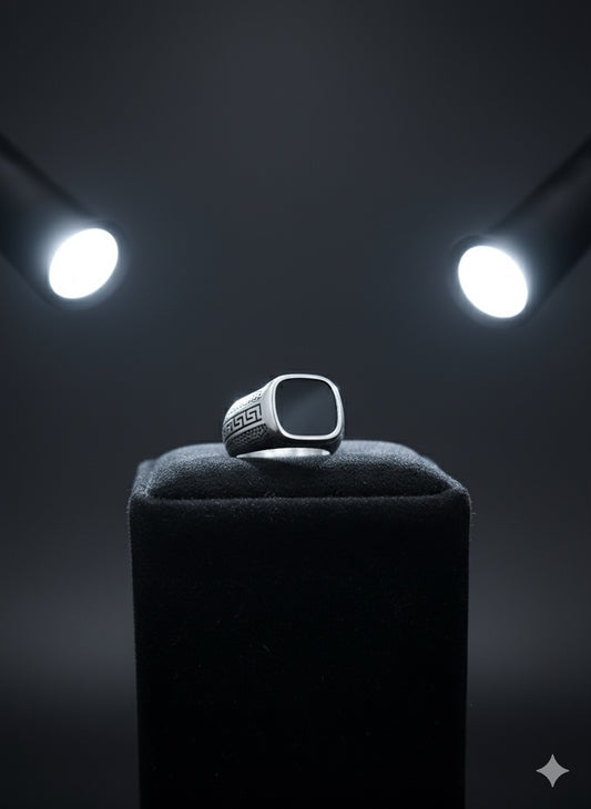 Black Onyx Signet Ring with Greek Key Design