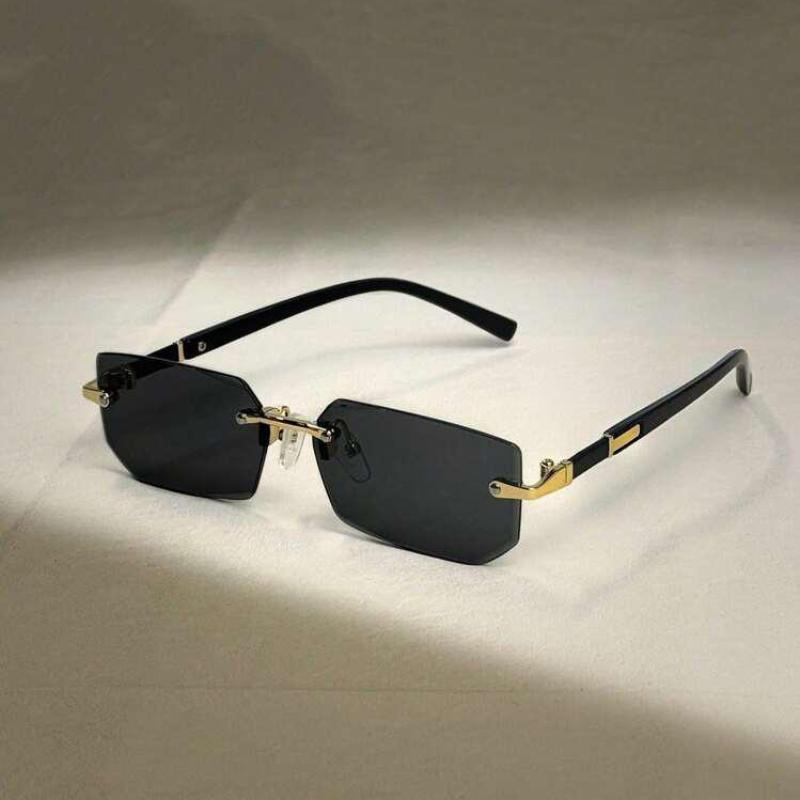 Rimless Rectangular Sunglasses with Black Temples and Gold Accents
