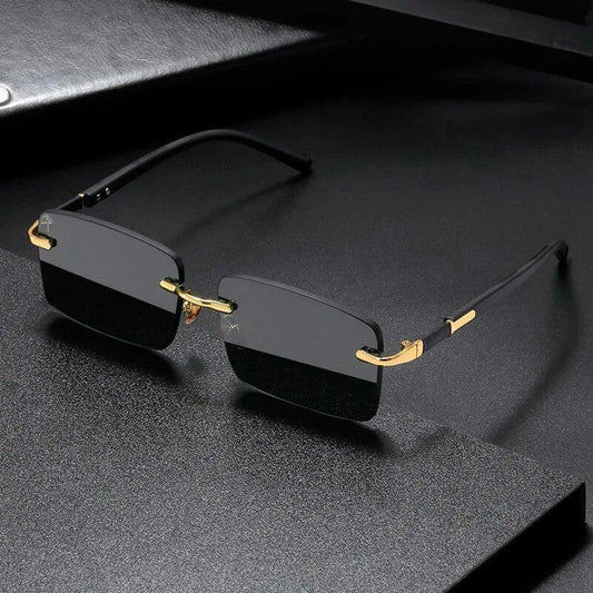 Rimless Rectangular Sunglasses with Black Temples and Gold Accents