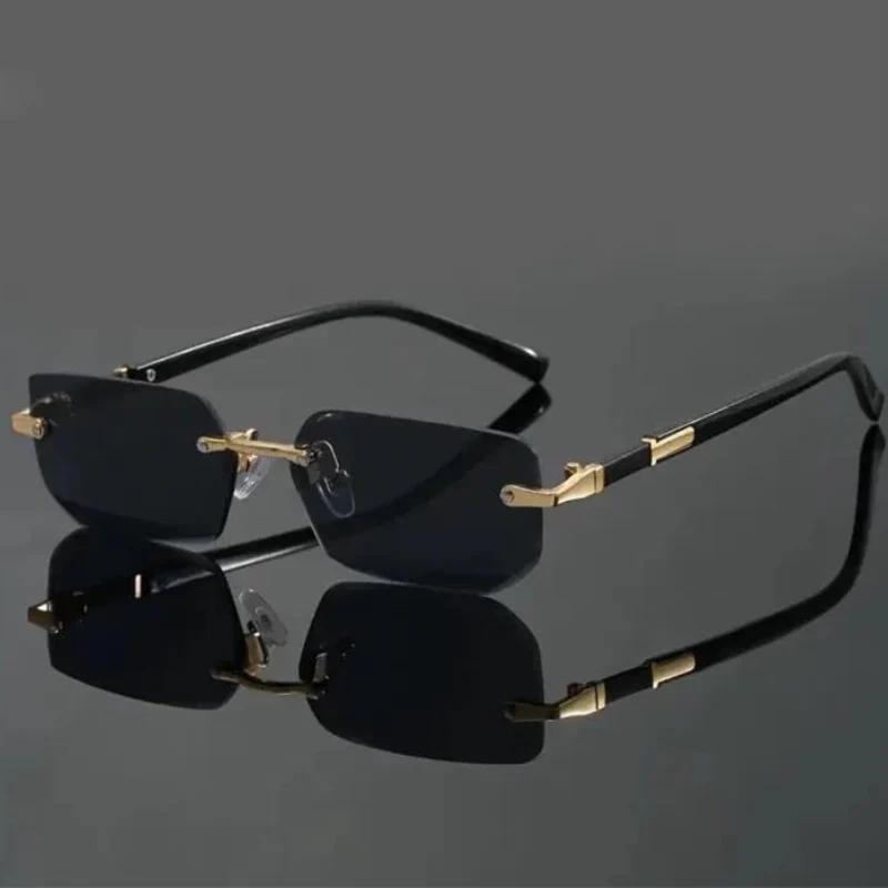 Rimless Rectangular Sunglasses with Black Temples and Gold Accents
