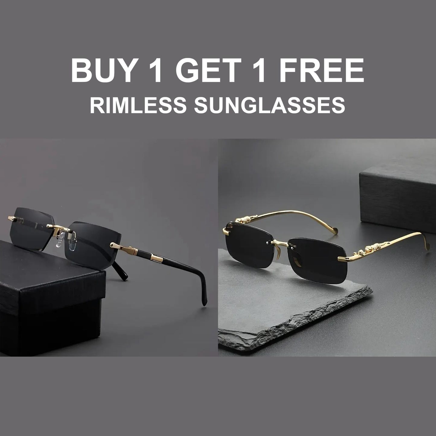 Rimless Rectangular Sunglasses with Black Temples and Gold Accents + Fashion Square Frameless Glasses