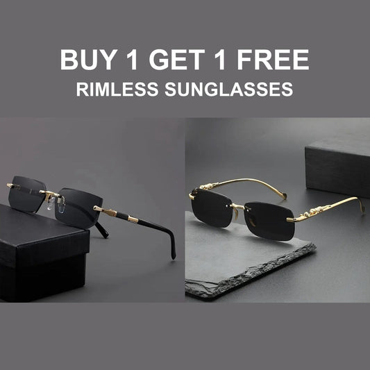Rimless Rectangular Sunglasses with Black Temples and Gold Accents + Fashion Square Frameless Glasses