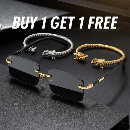 Rimless Rectangular Sunglasses with Black Temples and Gold Accents + Dual Tone Steel Cable Cuff Bracelet with Gold Lion Heads