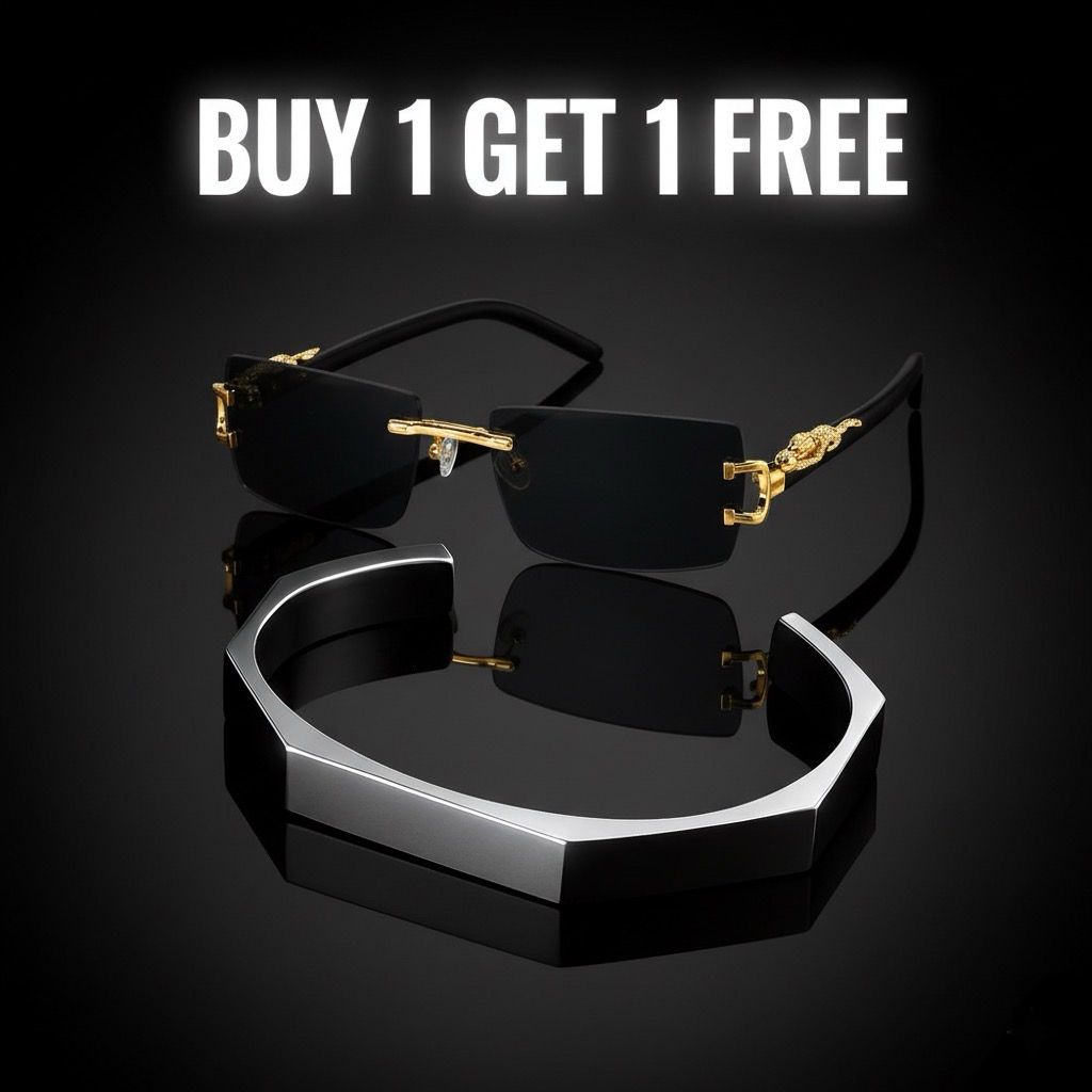 Hexagonal Bracelet + Black Rectangular Frames with Golden-Tone Metal Glasses