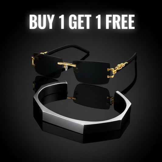 Hexagonal Bracelet + Black Rectangular Frames with Golden-Tone Metal Glasses