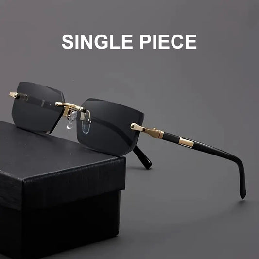 Rimless Rectangular Sunglasses with Black Temples and Gold Accents