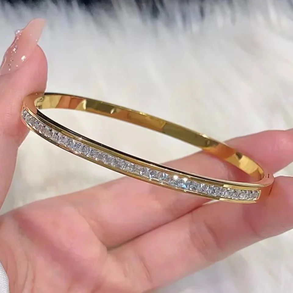 Stainless Steel CZ Oval Cuff Bracelet Bangle