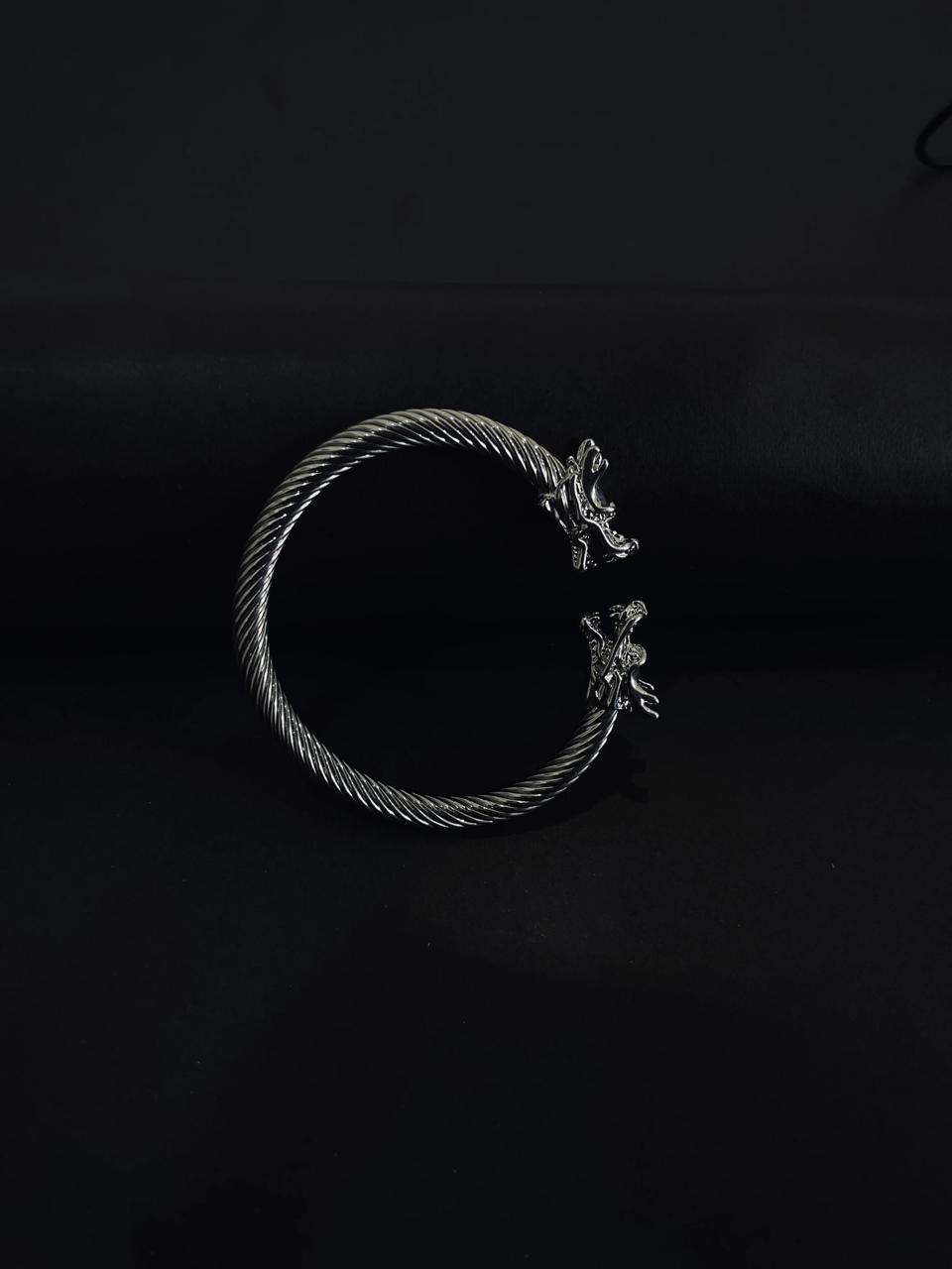 Dual Tone Steel Cable Cuff Bracelet with Gold Lion Heads