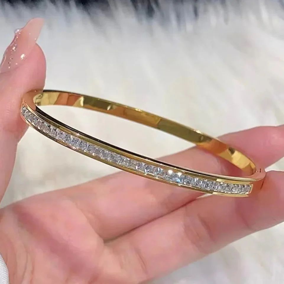 Stainless Steel CZ Oval Cuff Bracelet Bangle