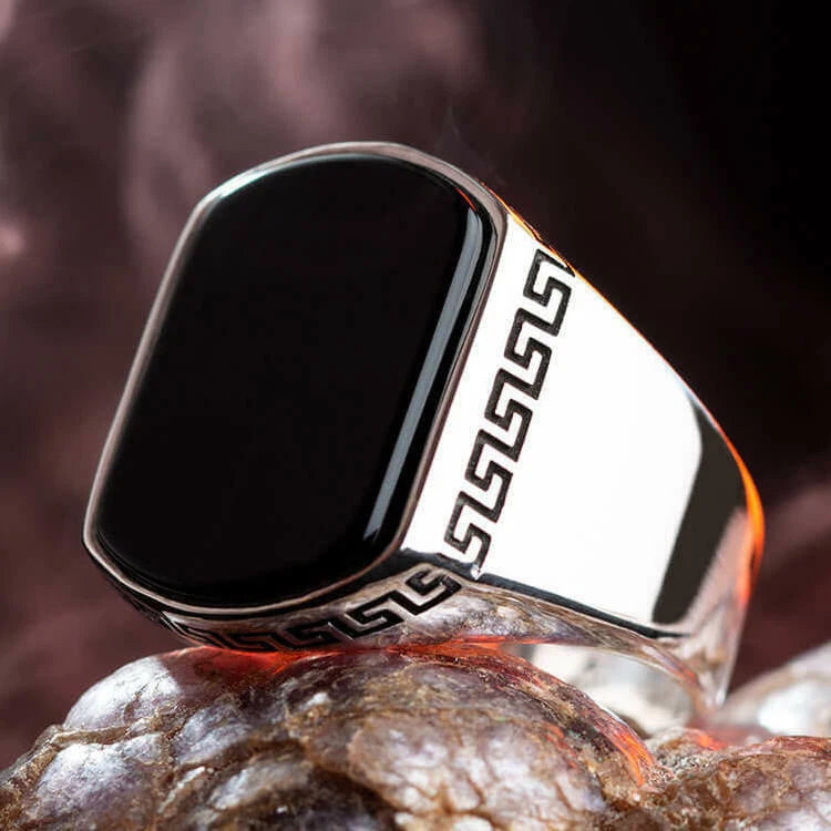Black Onyx Signet Ring with Greek Key Design
