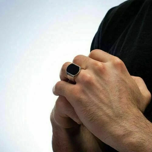 Black Onyx Signet Ring with Greek Key Design